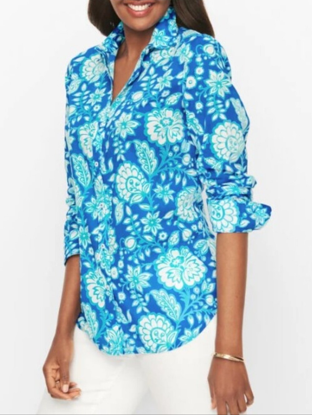 Talbots Blue Aqua Floral Button-Up Cotton Shirt, Size XLP